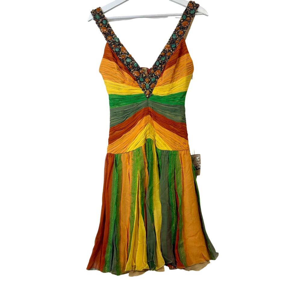 Mandalay Women’s Silk Beaded Gemstone V Neck Mini Dress Multicolor Size 4 NWT